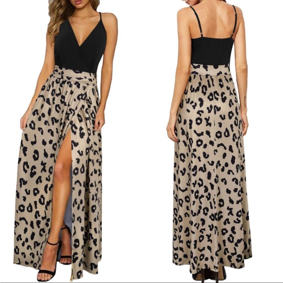 Black and tan leopard print spaghetti strap wrap skirt maxi dress size medium - Picture 1 of 12